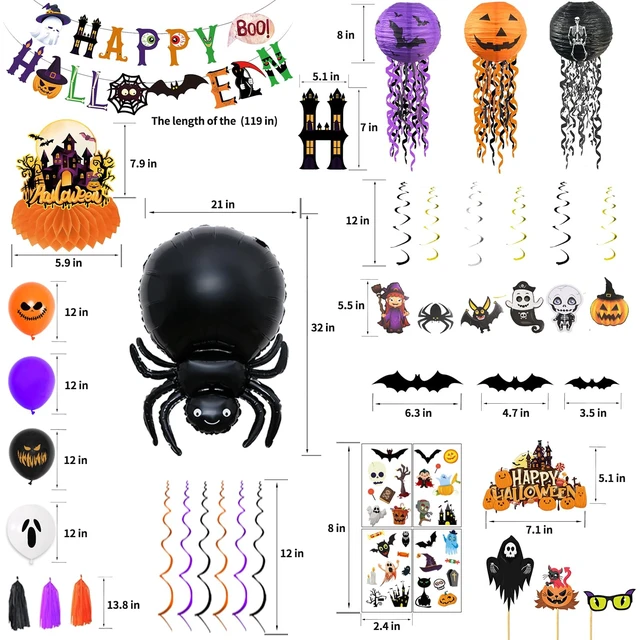 Alt view image 4 of 7 - 93Pcs Halloween Party Decorations, Halloween Birthday Party Decorations Set Including Banner Wire Lanterns Glow Tattoos Photo Props Spiders Balloons Hanging Swirls Bats Tassels