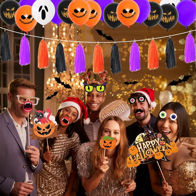 Alt view image 5 of 7 - 93Pcs Halloween Party Decorations, Halloween Birthday Party Decorations Set Including Banner Wire Lanterns Glow Tattoos Photo Props Spiders Balloons Hanging Swirls Bats Tassels
