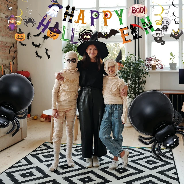 Alt view image 7 of 7 - 93Pcs Halloween Party Decorations, Halloween Birthday Party Decorations Set Including Banner Wire Lanterns Glow Tattoos Photo Props Spiders Balloons Hanging Swirls Bats Tassels