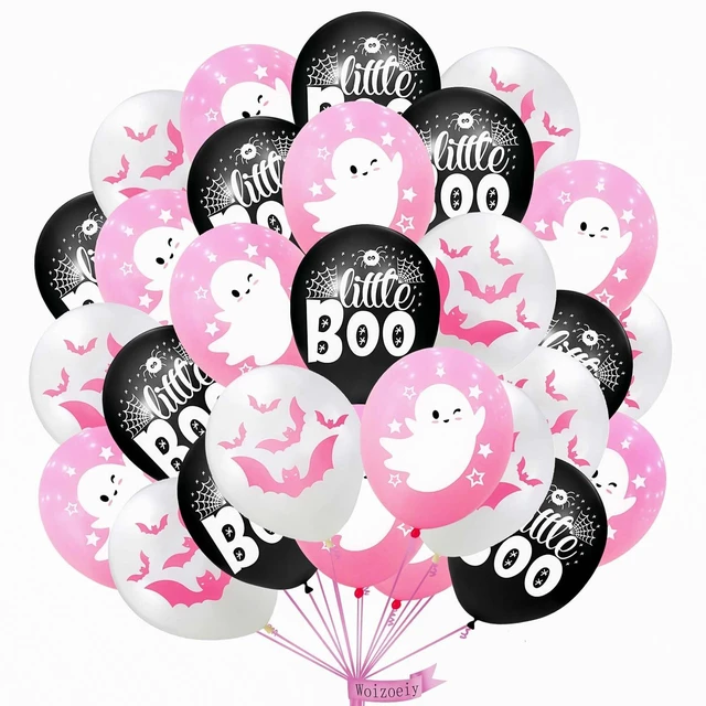 Main image of Happy Halloween balloons, pink white and black latex balloons with cute ghost, spider web, pink bat design for party favors, baby shower, Halloween birthday party decorations