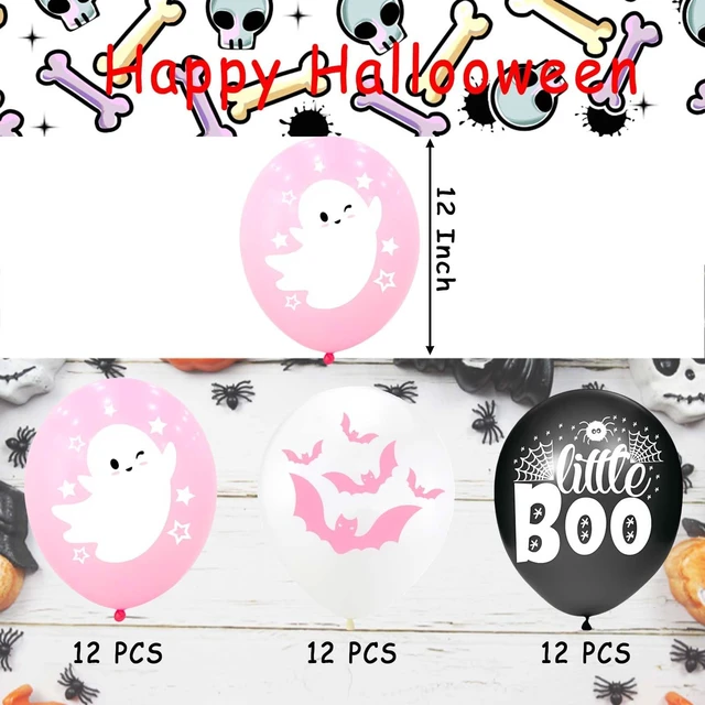 Alt view image 2 of 7 - Happy Halloween balloons, pink white and black latex balloons with cute ghost, spider web, pink bat design for party favors, baby shower, Halloween birthday party decorations