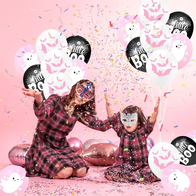 Alt view image 3 of 7 - Happy Halloween balloons, pink white and black latex balloons with cute ghost, spider web, pink bat design for party favors, baby shower, Halloween birthday party decorations
