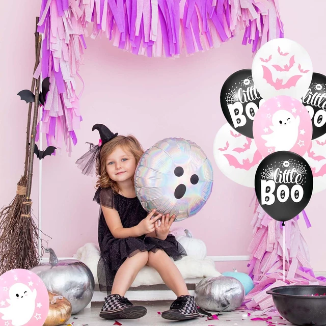 Alt view image 5 of 7 - Happy Halloween balloons, pink white and black latex balloons with cute ghost, spider web, pink bat design for party favors, baby shower, Halloween birthday party decorations