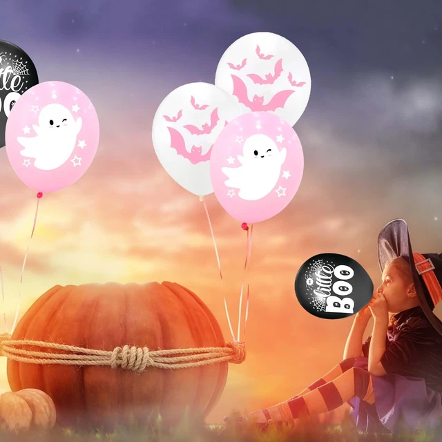Alt view image 4 of 7 - Happy Halloween balloons, pink white and black latex balloons with cute ghost, spider web, pink bat design for party favors, baby shower, Halloween birthday party decorations