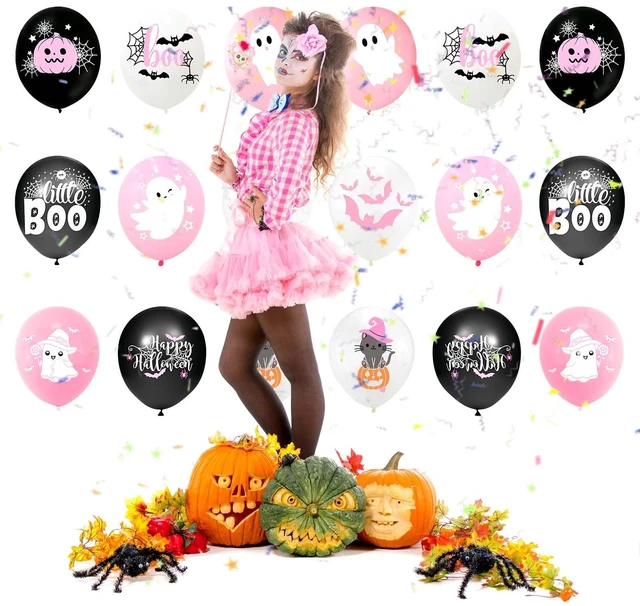 Alt view image 6 of 7 - Happy Halloween balloons, pink white and black latex balloons with cute ghost, spider web, pink bat design for party favors, baby shower, Halloween birthday party decorations
