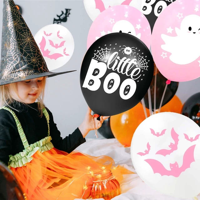 Alt view image 7 of 7 - Happy Halloween balloons, pink white and black latex balloons with cute ghost, spider web, pink bat design for party favors, baby shower, Halloween birthday party decorations