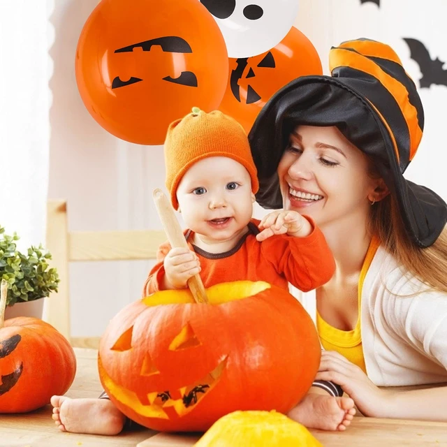 Alt view image 6 of 7 - 100 Pcs 12 Inch Latex Balloons, Pumpkin Balloons in 10 Styles for Halloween Party Decorations