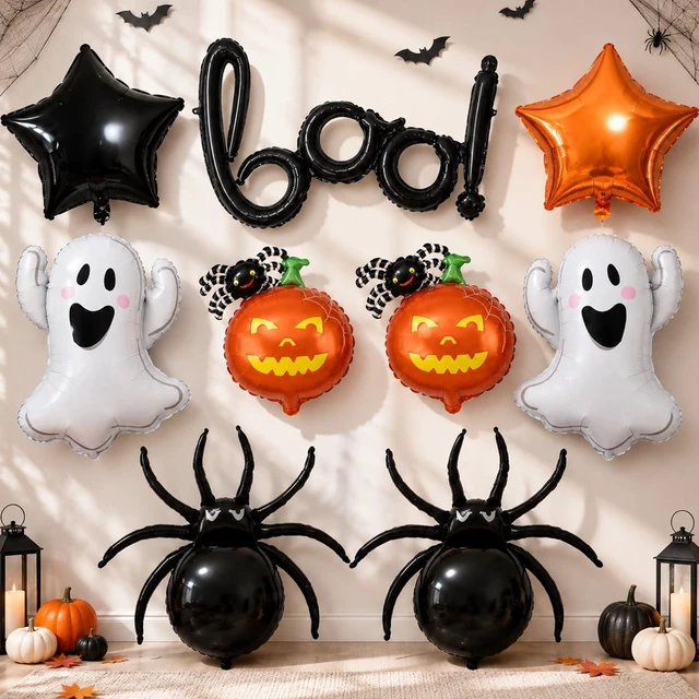 Main image of 9Pcs Halloween Foil Balloons Set, Black BOO Balloons Halloween Party Decor | Orange Black Ghost Pumpkin Spider Star Mylar Balloons for Halloween Spooky Birthday Trick or Treat Horror Party Decorations