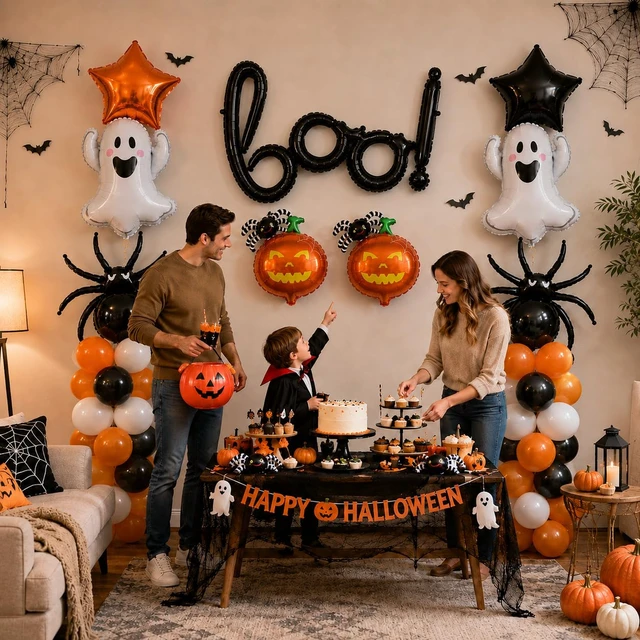 Alt view image 6 of 7 - 9Pcs Halloween Foil Balloons Set, Black BOO Balloons Halloween Party Decor | Orange Black Ghost Pumpkin Spider Star Mylar Balloons for Halloween Spooky Birthday Trick or Treat Horror Party Decorations