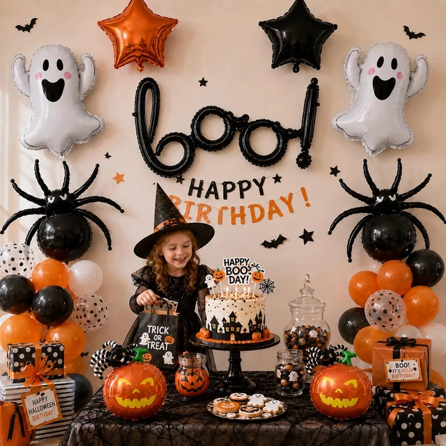 Alt view image 7 of 7 - 9Pcs Halloween Foil Balloons Set, Black BOO Balloons Halloween Party Decor | Orange Black Ghost Pumpkin Spider Star Mylar Balloons for Halloween Spooky Birthday Trick or Treat Horror Party Decorations