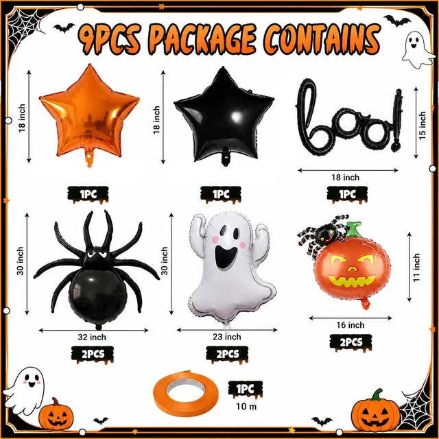 Alt view image 2 of 7 - 9Pcs Halloween Foil Balloons Set, Black BOO Balloons Halloween Party Decor | Orange Black Ghost Pumpkin Spider Star Mylar Balloons for Halloween Spooky Birthday Trick or Treat Horror Party Decorations