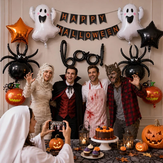 Alt view image 4 of 7 - 9Pcs Halloween Foil Balloons Set, Black BOO Balloons Halloween Party Decor | Orange Black Ghost Pumpkin Spider Star Mylar Balloons for Halloween Spooky Birthday Trick or Treat Horror Party Decorations