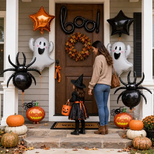 Alt view image 3 of 7 - 9Pcs Halloween Foil Balloons Set, Black BOO Balloons Halloween Party Decor | Orange Black Ghost Pumpkin Spider Star Mylar Balloons for Halloween Spooky Birthday Trick or Treat Horror Party Decorations