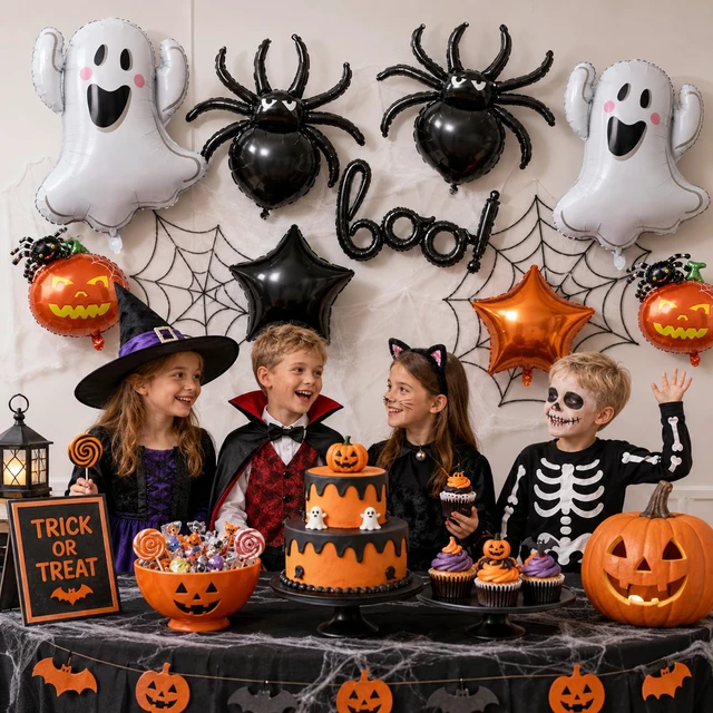 Alt view image 5 of 7 - 9Pcs Halloween Foil Balloons Set, Black BOO Balloons Halloween Party Decor | Orange Black Ghost Pumpkin Spider Star Mylar Balloons for Halloween Spooky Birthday Trick or Treat Horror Party Decorations