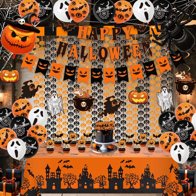 Main image of 54-Piece Halloween Party Decorations Complete Foil Decor Kit | Durable latex and premium cardstock setup creates a creepy photo backdrop for halloween, featuring tear-resistant parts.
