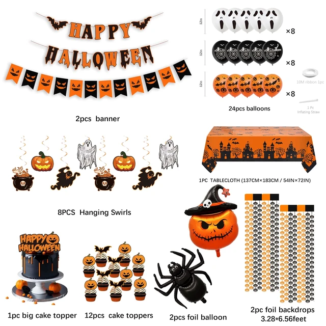 Alt view image 2 of 7 - 54-Piece Halloween Party Decorations Complete Foil Decor Kit | Durable latex and premium cardstock setup creates a creepy photo backdrop for halloween, featuring tear-resistant parts.
