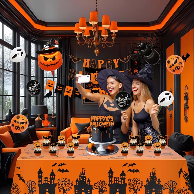 Alt view image 5 of 7 - 54-Piece Halloween Party Decorations Complete Foil Decor Kit | Durable latex and premium cardstock setup creates a creepy photo backdrop for halloween, featuring tear-resistant parts.
