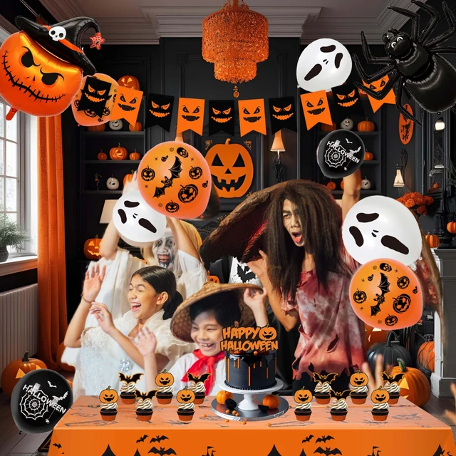 Alt view image 7 of 7 - 54-Piece Halloween Party Decorations Complete Foil Decor Kit | Durable latex and premium cardstock setup creates a creepy photo backdrop for halloween, featuring tear-resistant parts.
