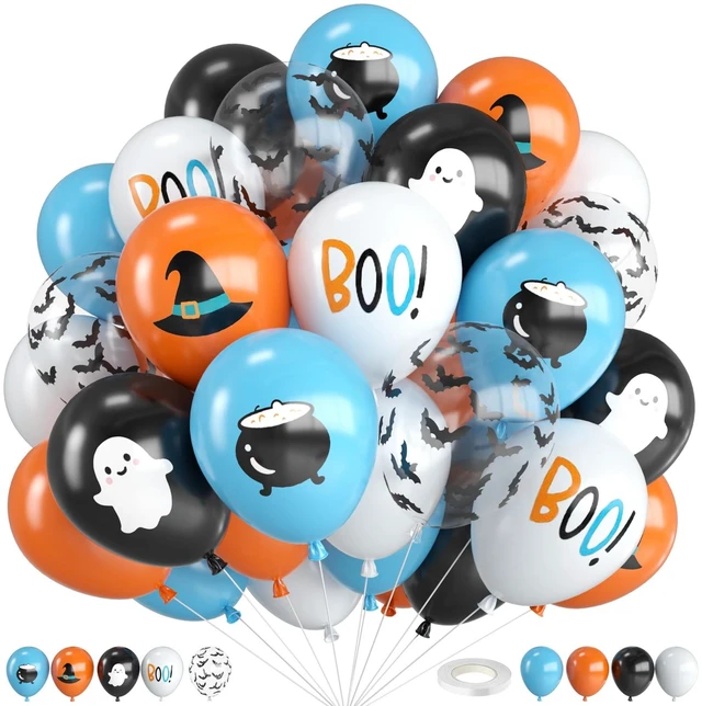 Main image of Halloween Balloons,12 Inch Blue Black and Orange Balloons with Boo,Ghost,Hat,Bat Design for Halloween Baby Shower Birthday Wedding Engagement Gender Reveal Party Decorations
