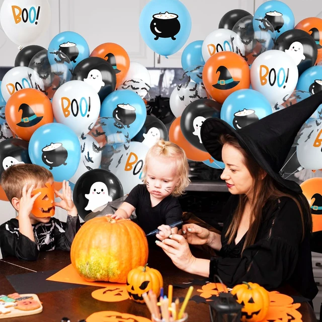 Alt view image 7 of 7 - Halloween Balloons,12 Inch Blue Black and Orange Balloons with Boo,Ghost,Hat,Bat Design for Halloween Baby Shower Birthday Wedding Engagement Gender Reveal Party Decorations