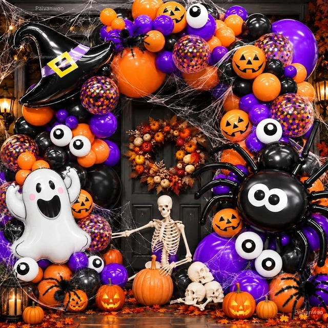 Main image of Halloween Balloon Garland Arch Kit 156PCS for Halloween Party Decorations | Halloween Balloons in Black, Orange and Purple with Ghost, Spider Webs, Witch Hat, Eyeball and Confetti Balloons