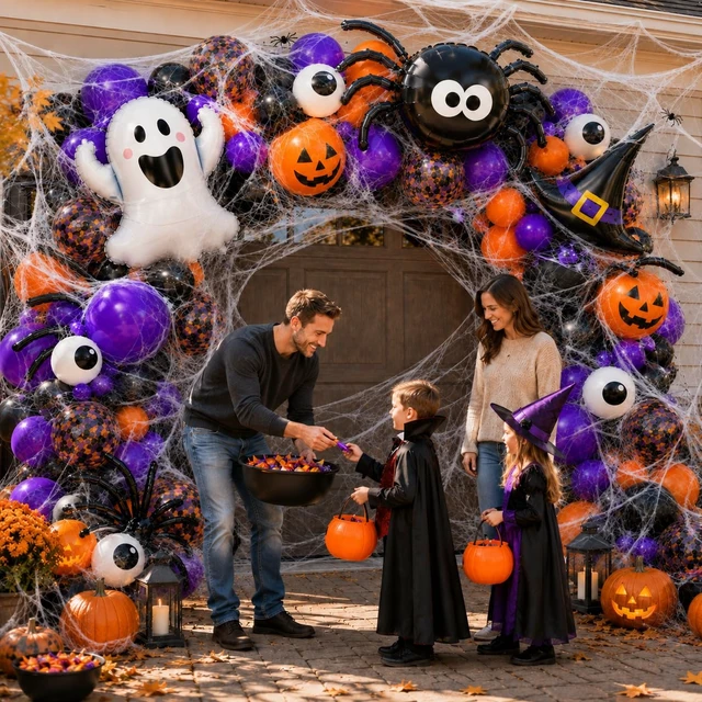 Alt view image 2 of 7 - Halloween Balloon Garland Arch Kit 156PCS for Halloween Party Decorations | Halloween Balloons in Black, Orange and Purple with Ghost, Spider Webs, Witch Hat, Eyeball and Confetti Balloons