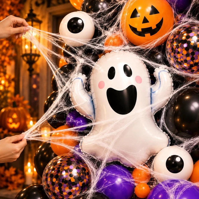 Alt view image 5 of 7 - Halloween Balloon Garland Arch Kit 156PCS for Halloween Party Decorations | Halloween Balloons in Black, Orange and Purple with Ghost, Spider Webs, Witch Hat, Eyeball and Confetti Balloons
