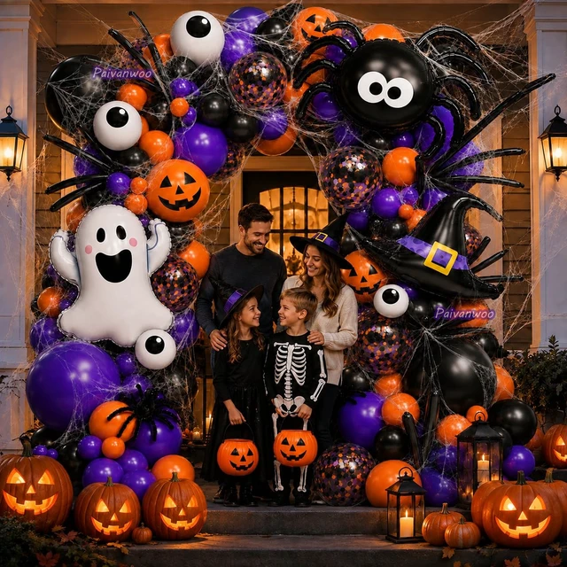 Alt view image 6 of 7 - Halloween Balloon Garland Arch Kit 156PCS for Halloween Party Decorations | Halloween Balloons in Black, Orange and Purple with Ghost, Spider Webs, Witch Hat, Eyeball and Confetti Balloons