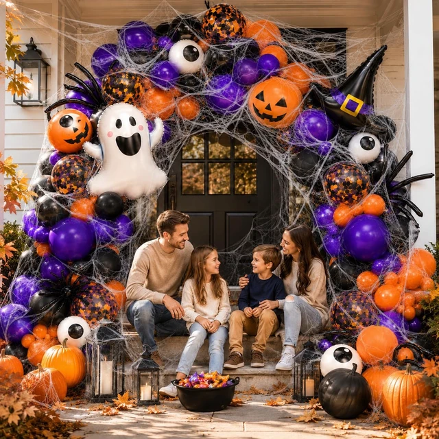 Alt view image 7 of 7 - Halloween Balloon Garland Arch Kit 156PCS for Halloween Party Decorations | Halloween Balloons in Black, Orange and Purple with Ghost, Spider Webs, Witch Hat, Eyeball and Confetti Balloons
