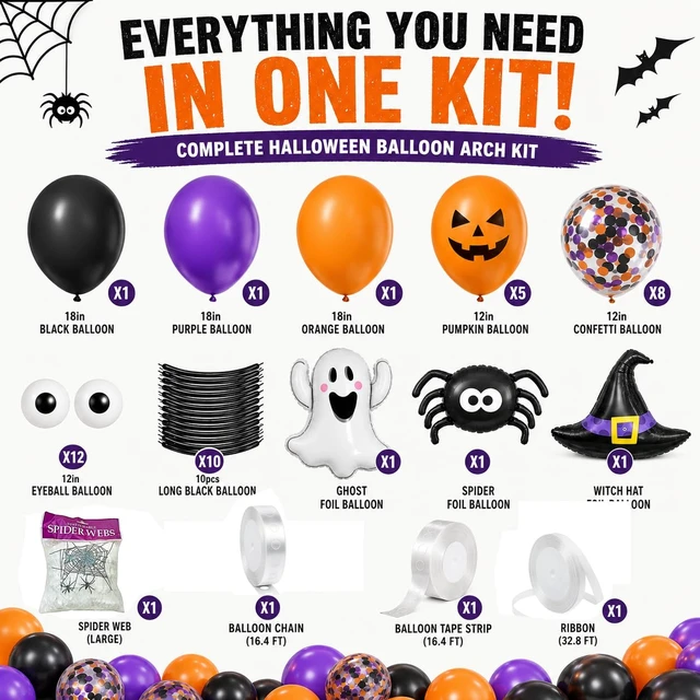 Alt view image 4 of 7 - Halloween Balloon Garland Arch Kit 156PCS for Halloween Party Decorations | Halloween Balloons in Black, Orange and Purple with Ghost, Spider Webs, Witch Hat, Eyeball and Confetti Balloons