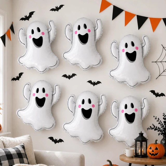 Main image of Halloween Ghost Balloons, 6 Pack 29.5 Inch Halloween Foil Party Balloon | Large White Ghost Mylar Helium Balloon Set for Spooky Scary Happy Halloween Birthday Night Trick or Treat Party Decorations