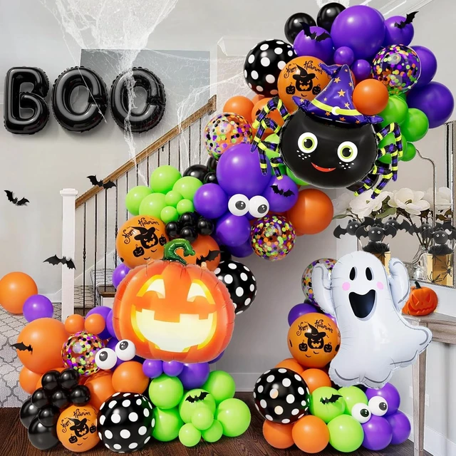 Alt view image 2 of 7 - Halloween Balloon Garland Arch Kit 144PCS with Ghost Pumpkin Spider BOO Foil Balloon Black Orange Green Purple Balloons for Halloween Decorations Balloons Party Supplies