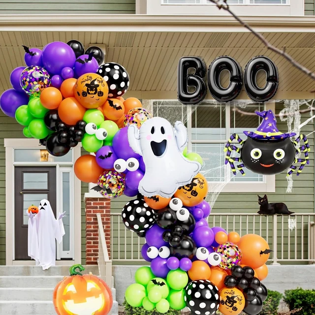 Alt view image 5 of 7 - Halloween Balloon Garland Arch Kit 144PCS with Ghost Pumpkin Spider BOO Foil Balloon Black Orange Green Purple Balloons for Halloween Decorations Balloons Party Supplies