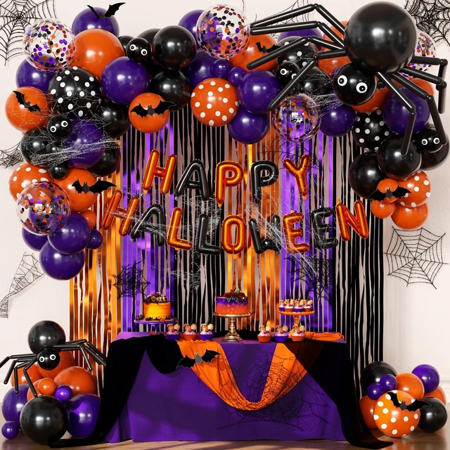 Main image of Orange Purple Black Balloon Fringe Curtains for Halloween Party Decorations | Include Happy Halloween Foil Balloons, Orange Black Polka Dot Balloons Confetti Balloons, Black Eyeball Long Balloons