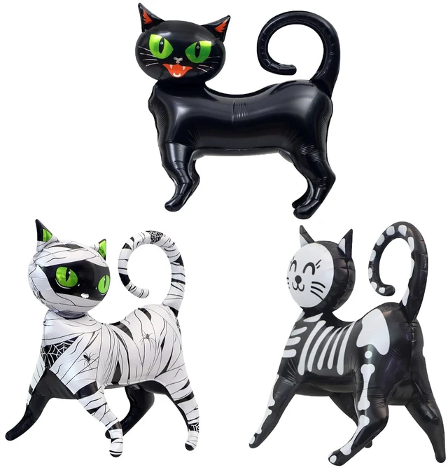 Main image of 3 Pack Black Cat Balloons, 3D Standing Halloween Balloons, Mummy Skeleton Cat Decorations for 90s Halloween Decorations Trick or Treat Party Supplies