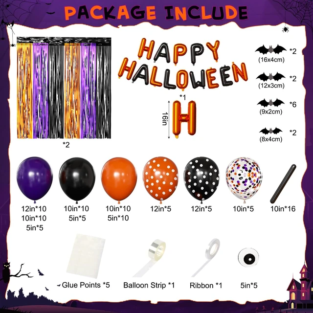 Alt view image 2 of 6 - Orange Purple Black Balloon Fringe Curtains for Halloween Party Decorations | Include Happy Halloween Foil Balloons, Orange Black Polka Dot Balloons Confetti Balloons, Black Eyeball Long Balloons