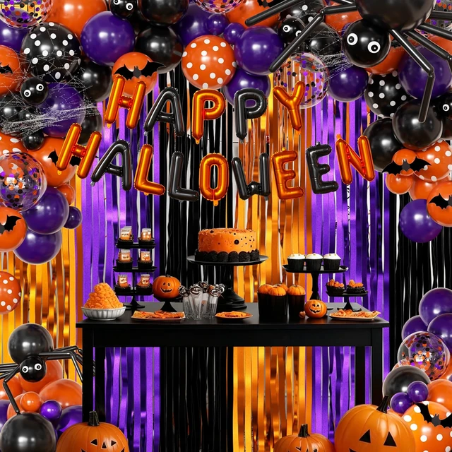 Alt view image 3 of 6 - Orange Purple Black Balloon Fringe Curtains for Halloween Party Decorations | Include Happy Halloween Foil Balloons, Orange Black Polka Dot Balloons Confetti Balloons, Black Eyeball Long Balloons