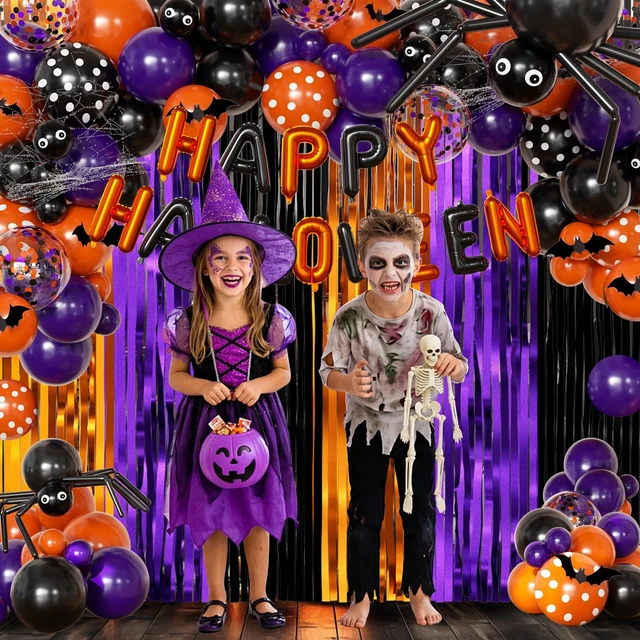 Alt view image 5 of 6 - Orange Purple Black Balloon Fringe Curtains for Halloween Party Decorations | Include Happy Halloween Foil Balloons, Orange Black Polka Dot Balloons Confetti Balloons, Black Eyeball Long Balloons
