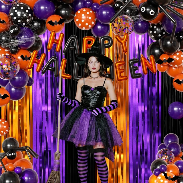 Alt view image 4 of 6 - Orange Purple Black Balloon Fringe Curtains for Halloween Party Decorations | Include Happy Halloween Foil Balloons, Orange Black Polka Dot Balloons Confetti Balloons, Black Eyeball Long Balloons