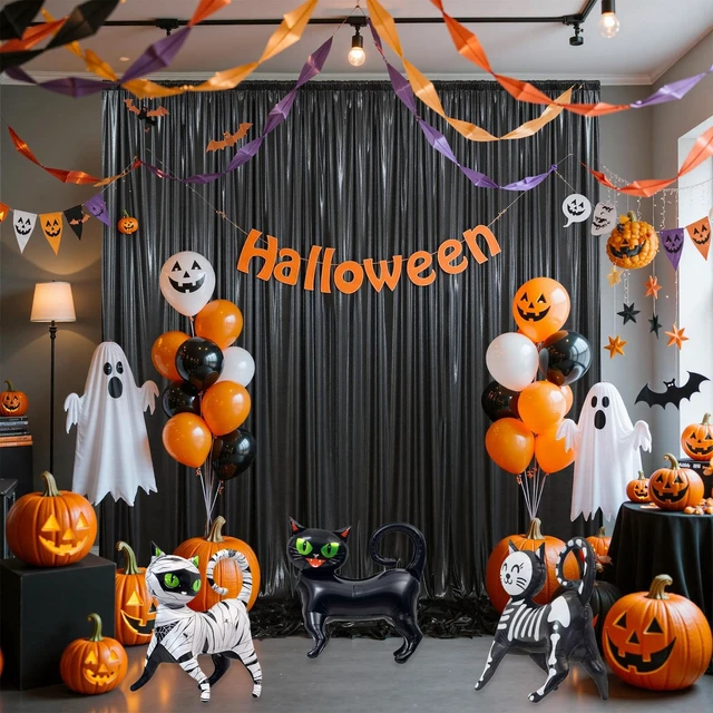Alt view image 3 of 7 - 3 Pack Black Cat Balloons, 3D Standing Halloween Balloons, Mummy Skeleton Cat Decorations for 90s Halloween Decorations Trick or Treat Party Supplies