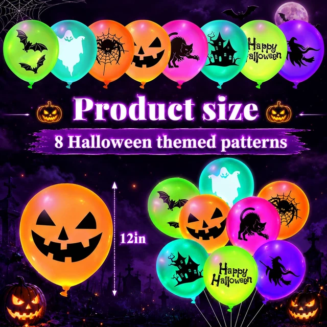 Alt view image 2 of 6 - 80 Pcs Halloween Neon Balloons Glow in Dark UV Blacklight Party | Fluorescent Latex 8 Designs Pumpkin Ghost Witch Spider, Reactive Neon Color for Pool Birthday Party Decor Supplies