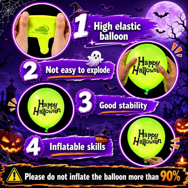 Alt view image 3 of 6 - 80 Pcs Halloween Neon Balloons Glow in Dark UV Blacklight Party | Fluorescent Latex 8 Designs Pumpkin Ghost Witch Spider, Reactive Neon Color for Pool Birthday Party Decor Supplies