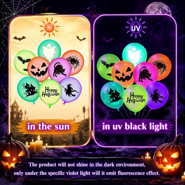 Alt view image 4 of 6 - 80 Pcs Halloween Neon Balloons Glow in Dark UV Blacklight Party | Fluorescent Latex 8 Designs Pumpkin Ghost Witch Spider, Reactive Neon Color for Pool Birthday Party Decor Supplies