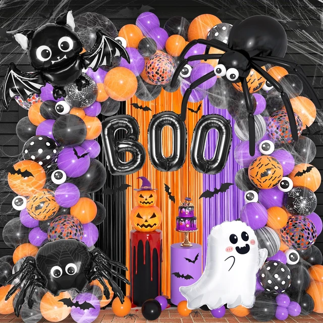 Alt view image 2 of 7 - 178Pcs Halloween Balloons Arch Kit with Bat Ghost Foil Balloon | Gaint Spider BOO Eyeballs Black Orange Purple Confetti Balloon, Web, Fringe Curtain for Halloween Birthday Party Decorations