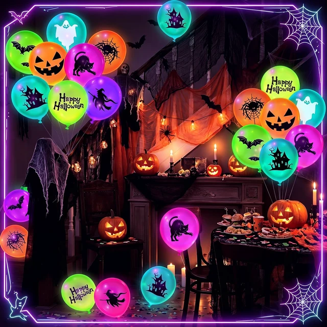 Alt view image 5 of 6 - 80 Pcs Halloween Neon Balloons Glow in Dark UV Blacklight Party | Fluorescent Latex 8 Designs Pumpkin Ghost Witch Spider, Reactive Neon Color for Pool Birthday Party Decor Supplies