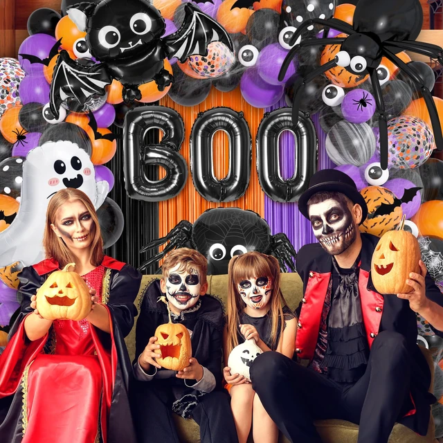Alt view image 4 of 7 - 178Pcs Halloween Balloons Arch Kit with Bat Ghost Foil Balloon | Gaint Spider BOO Eyeballs Black Orange Purple Confetti Balloon, Web, Fringe Curtain for Halloween Birthday Party Decorations