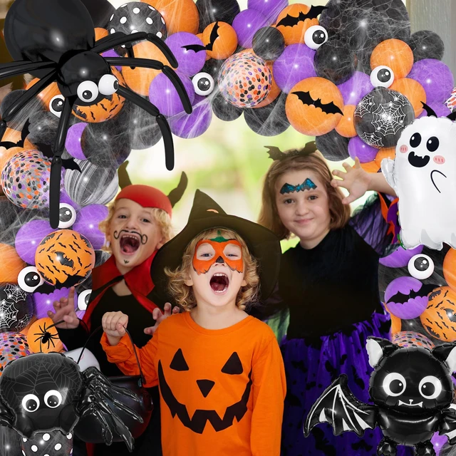 Alt view image 5 of 7 - 178Pcs Halloween Balloons Arch Kit with Bat Ghost Foil Balloon | Gaint Spider BOO Eyeballs Black Orange Purple Confetti Balloon, Web, Fringe Curtain for Halloween Birthday Party Decorations