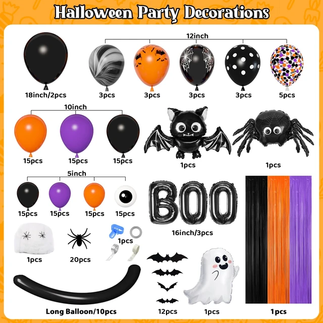 Alt view image 3 of 7 - 178Pcs Halloween Balloons Arch Kit with Bat Ghost Foil Balloon | Gaint Spider BOO Eyeballs Black Orange Purple Confetti Balloon, Web, Fringe Curtain for Halloween Birthday Party Decorations