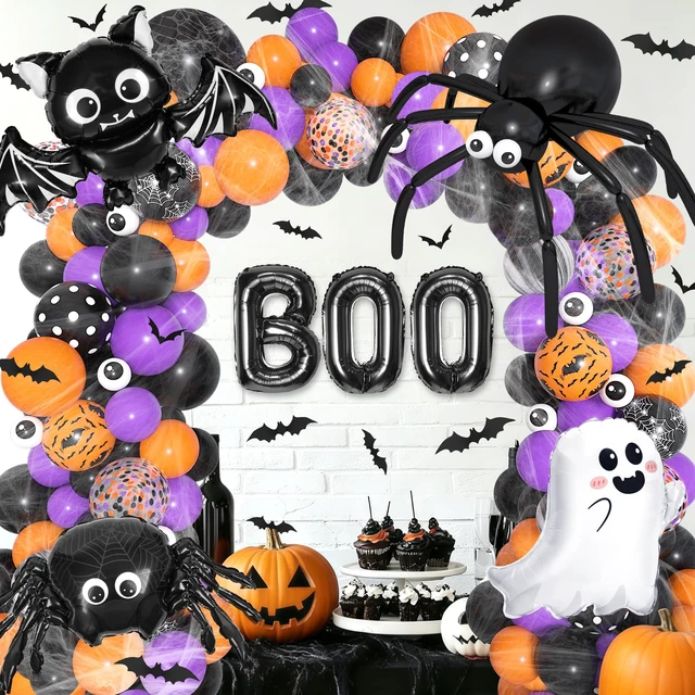 Alt view image 6 of 7 - 178Pcs Halloween Balloons Arch Kit with Bat Ghost Foil Balloon | Gaint Spider BOO Eyeballs Black Orange Purple Confetti Balloon, Web, Fringe Curtain for Halloween Birthday Party Decorations