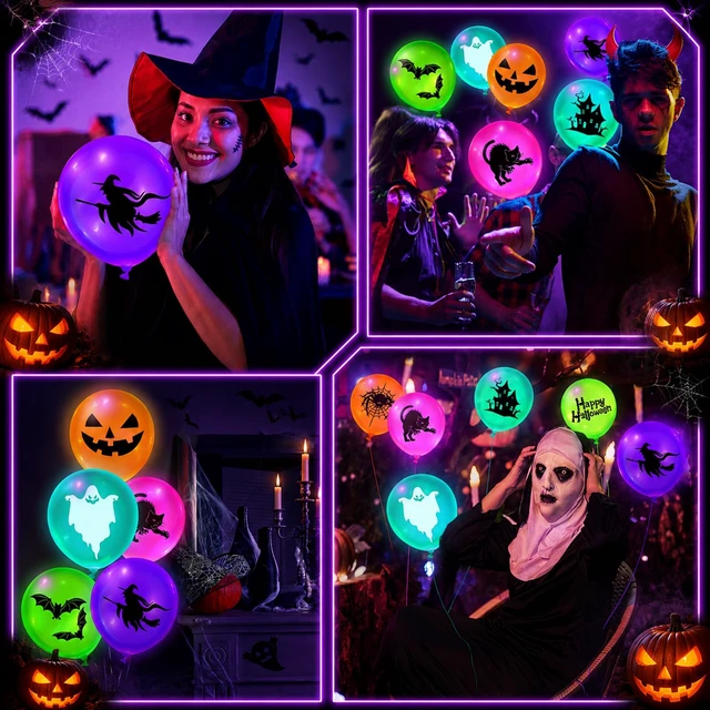 Alt view image 6 of 6 - 80 Pcs Halloween Neon Balloons Glow in Dark UV Blacklight Party | Fluorescent Latex 8 Designs Pumpkin Ghost Witch Spider, Reactive Neon Color for Pool Birthday Party Decor Supplies